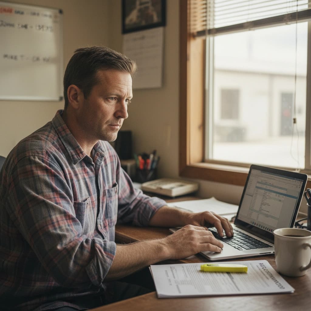 Dispatcher at a desk reviewing a load board on a laptop with a printed rate confirmation next to a phone.
