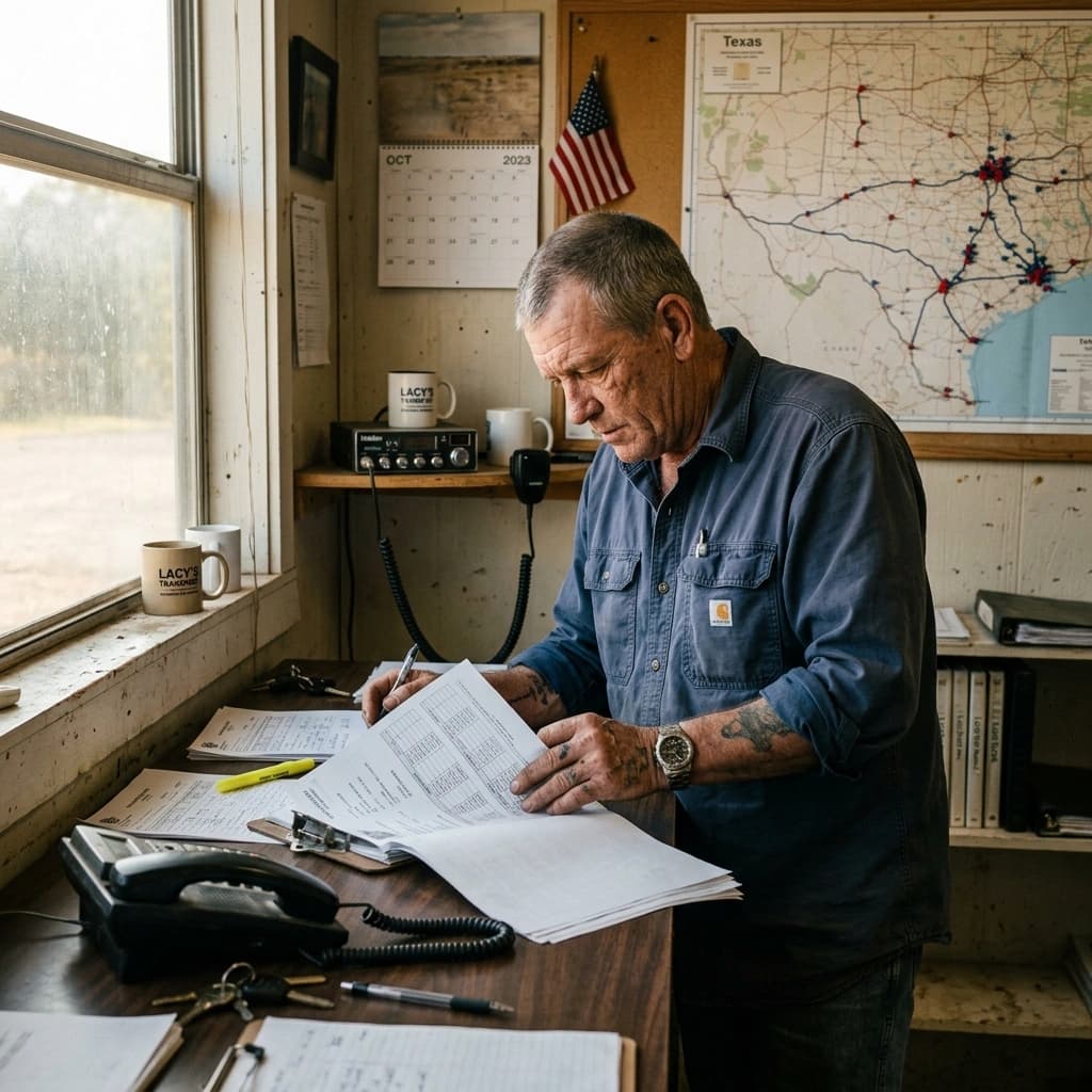A dispatcher at a wood desk in a small trucking office reviewing a printed rate confirmation, late afternoon light, mugs and a CB radio on the shelf behind