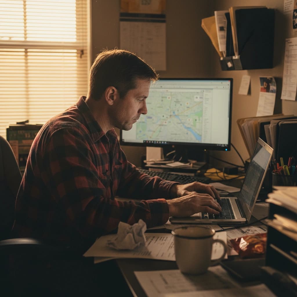 A small-fleet dispatcher at a desk reviewing a rate confirmation on a laptop