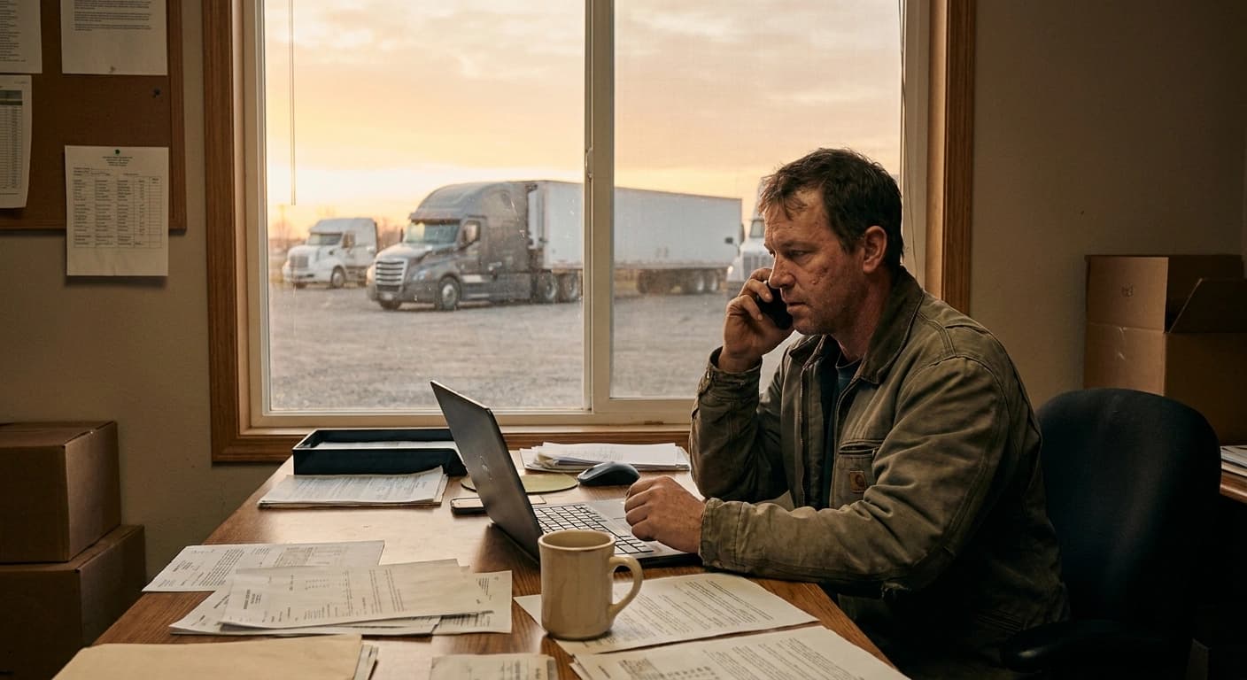A small-fleet dispatcher working at a desk at sunrise with two trucks in the yard behind the window
