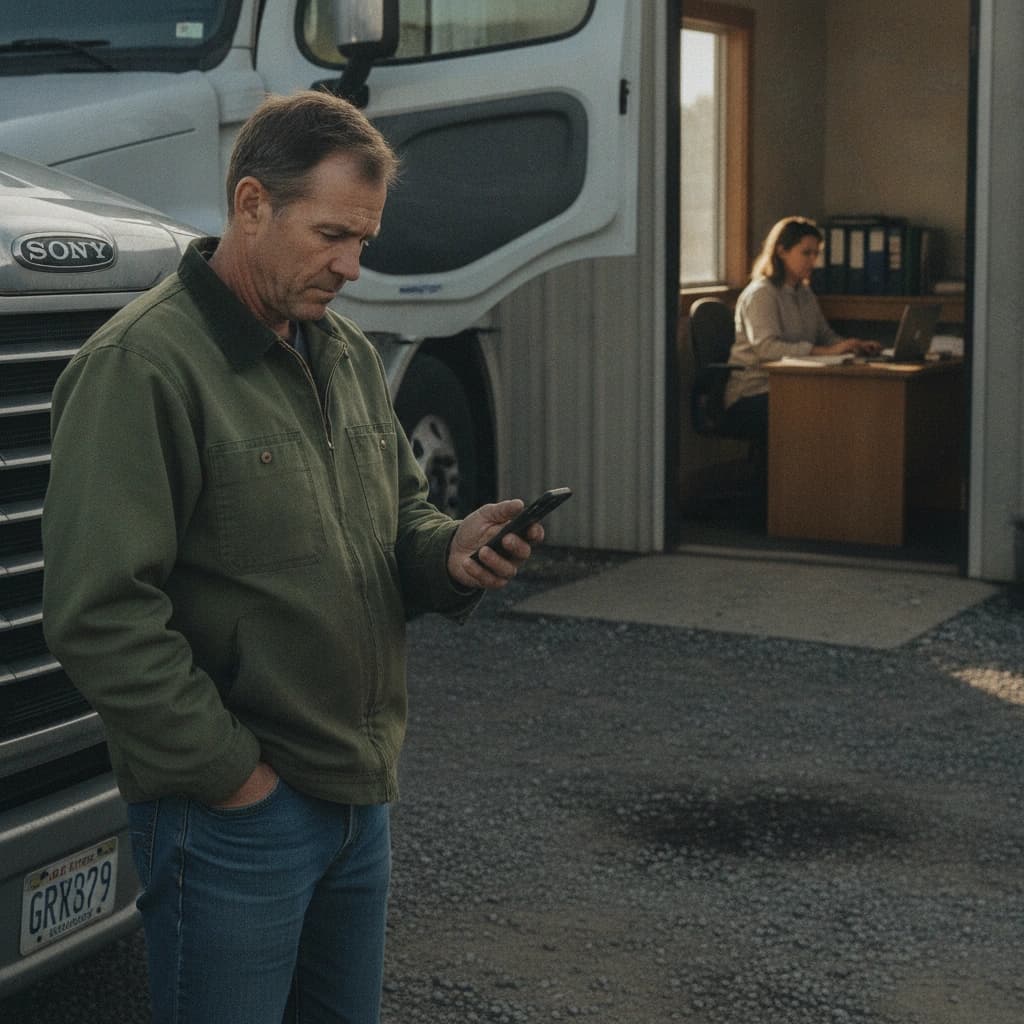 A dispatcher at a laptop and a driver by his truck, both connected to the same workflow in a small-fleet yard