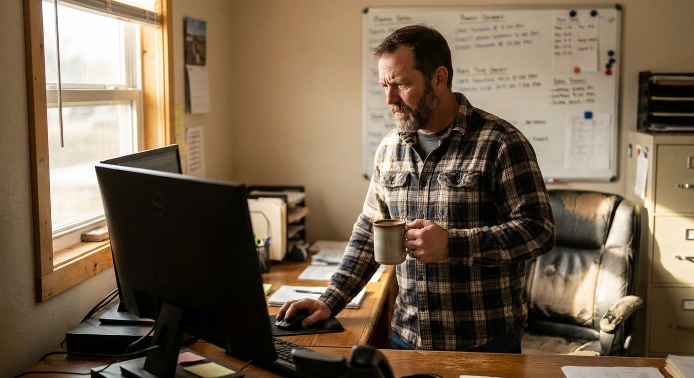 A dispatcher standing at a desk with a coffee mug, working at a monitor in a small trucking company office with a load board whiteboard behind him