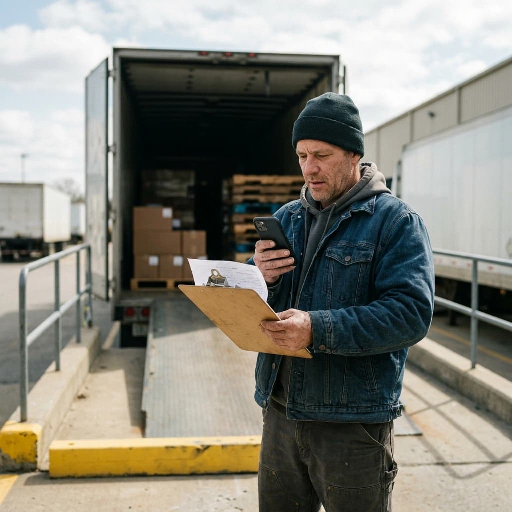 A truck driver at a loading dock photographing a paper bill of lading on a clipboard, trailer doors open behind him