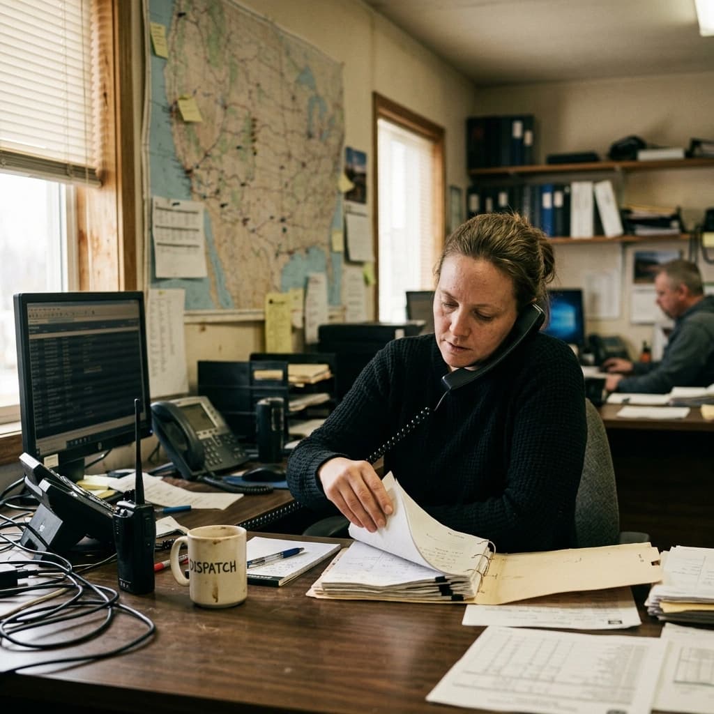 A dispatcher in a small trucking office working the phone while going through a folder of load paperwork