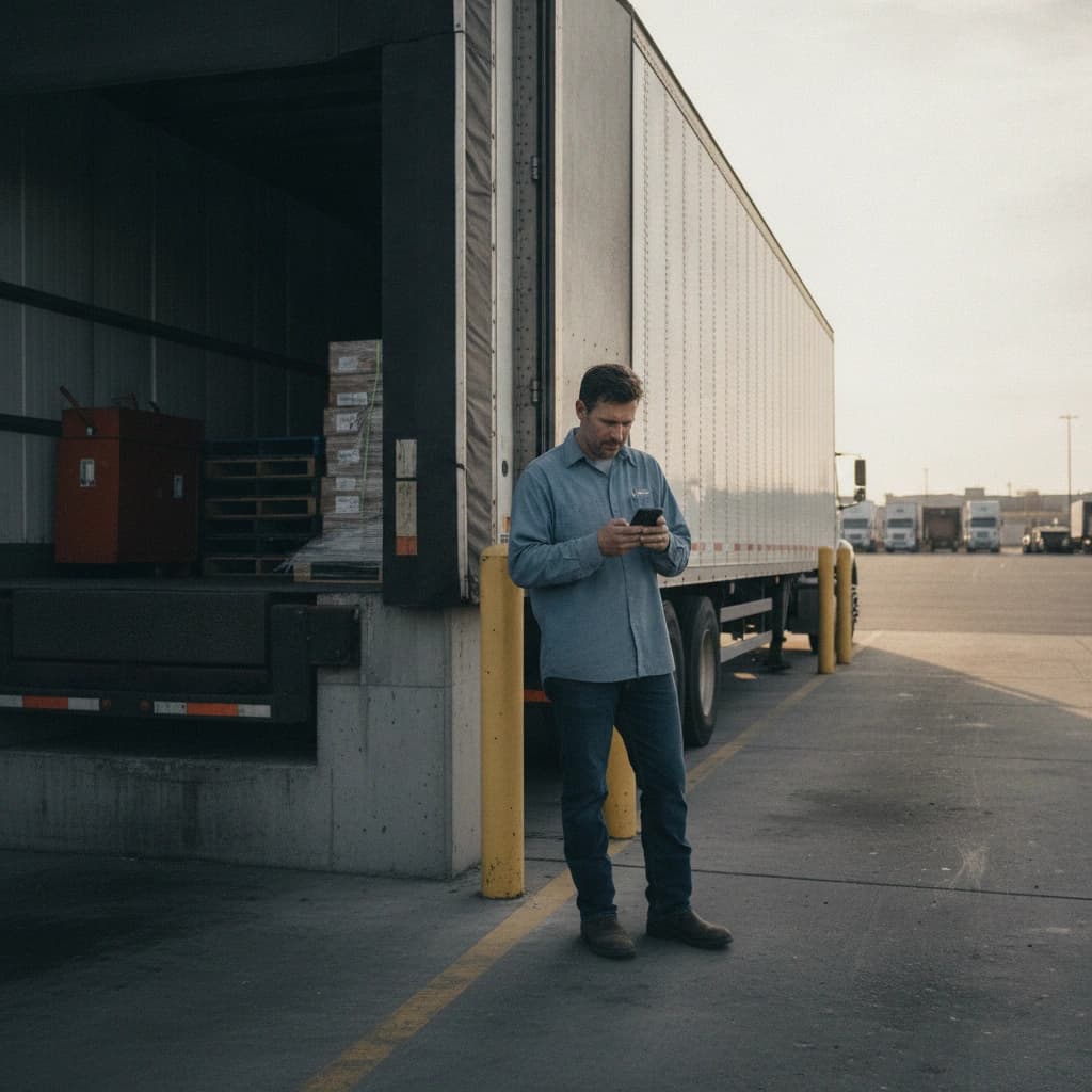 A truck driver waiting beside a parked semi backed into a receiver bay in late afternoon light
