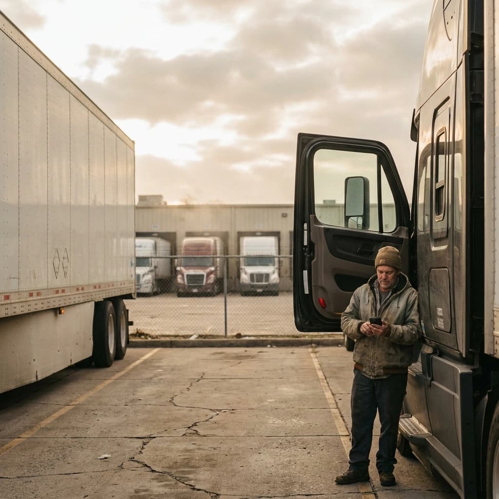 A truck driver standing beside his cab in a distribution center staging lane, looking at his phone