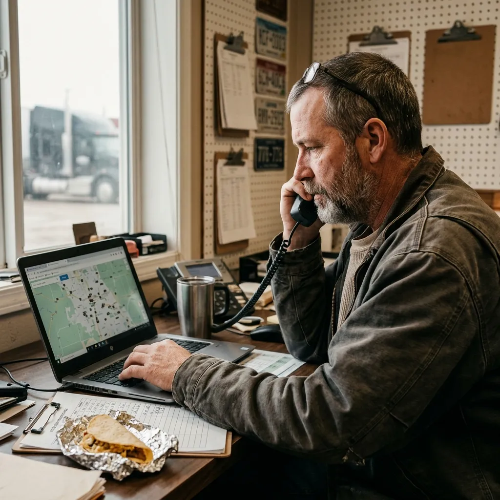 Dispatcher at a desk looking at a live map of trucks on a laptop, with a paper rate confirmation and a coffee cup beside the keyboard.