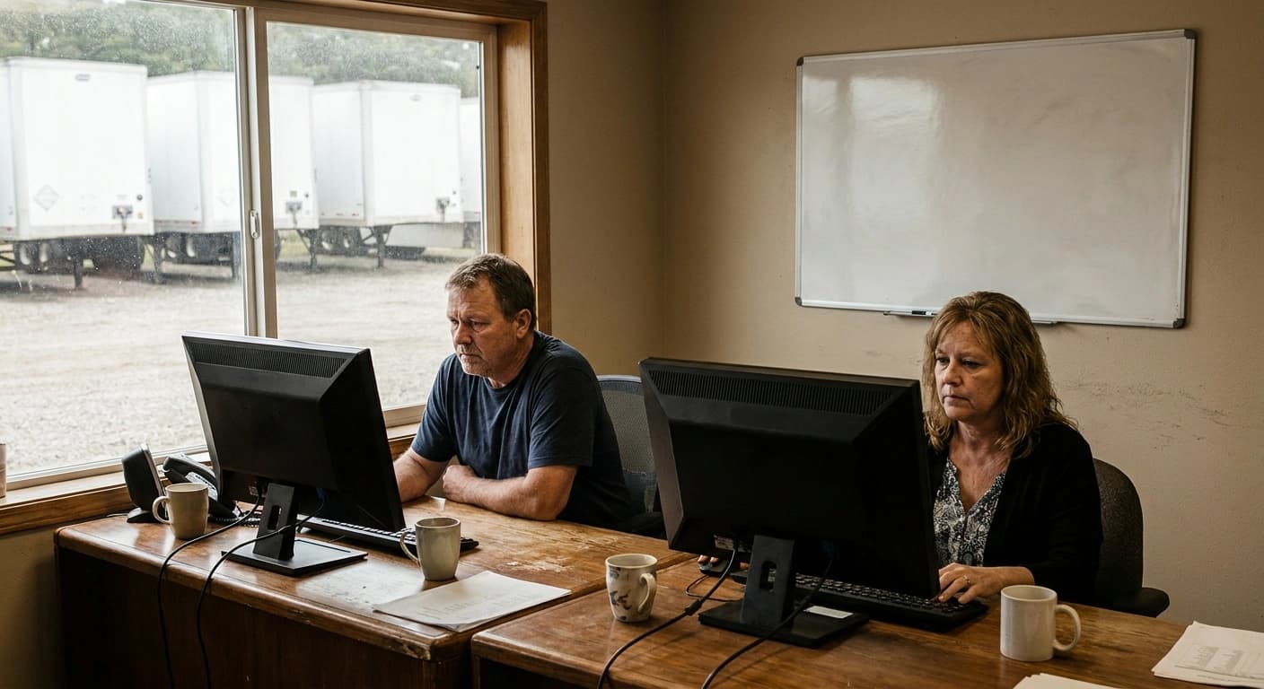 Two dispatchers at neighboring desks in a trucking office, each working at a monitor, with trailers parked in the yard outside the window.