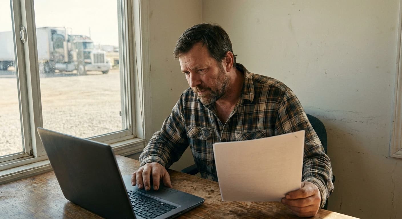 A dispatcher at a desk in a small trucking office holding a sheet of paper beside a laptop, with semi trucks parked in the gravel yard outside the window.