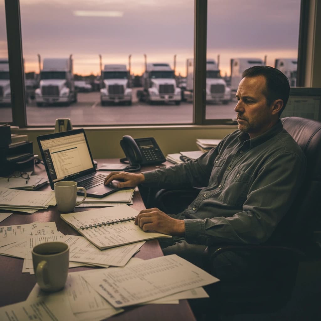 A small fleet dispatcher reviewing software costs at a desk in a trucking office at dusk