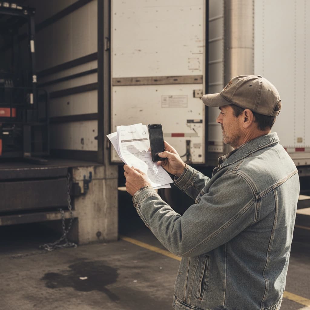 A truck driver photographing a bill of lading on his phone beside a dry van at a loading dock