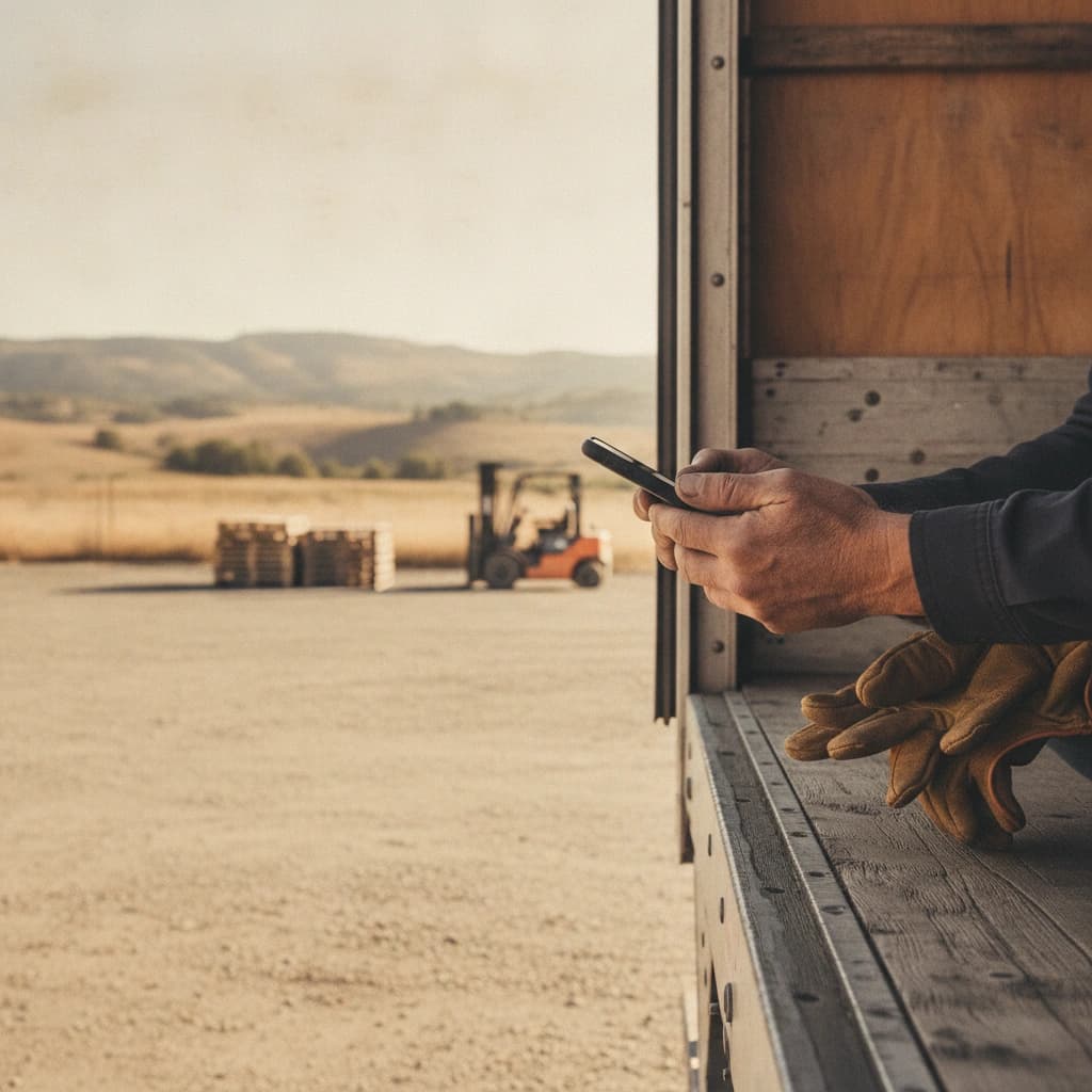 A truck driver checking a phone at the back of an open trailer at a rural loading dock