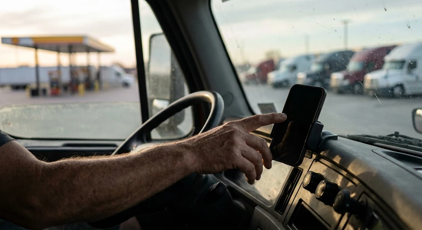 Truck driver reaching for a dark phone mounted on the dash of a parked day cab at a truck stop
