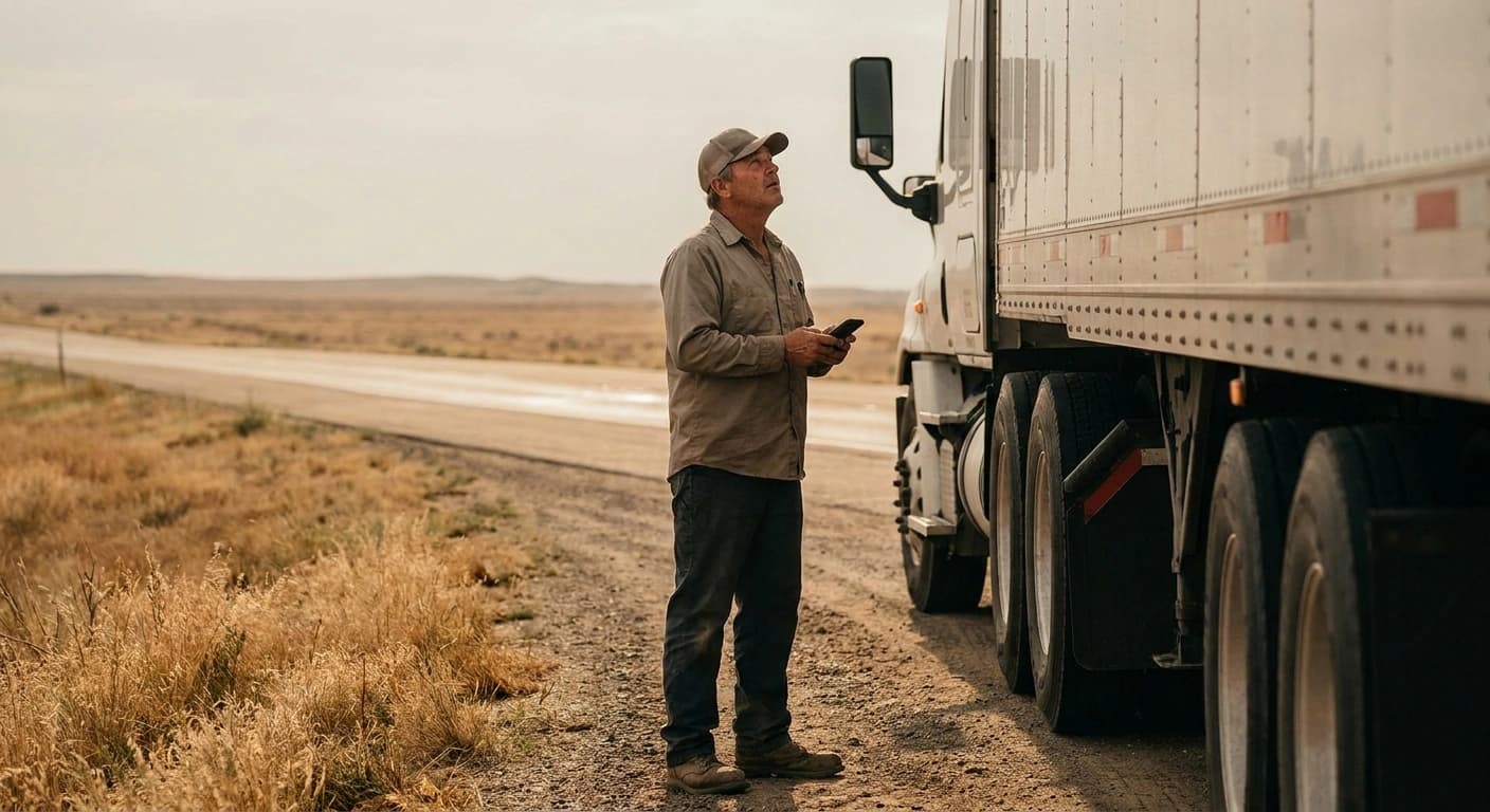 A truck driver standing on a highway shoulder beside a parked tractor trailer, holding a phone