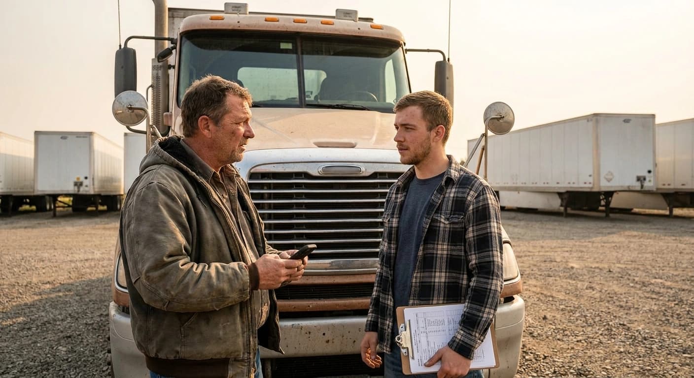 A dispatcher and a new driver talking at the nose of a day-cab tractor in a small trucking yard at sunrise