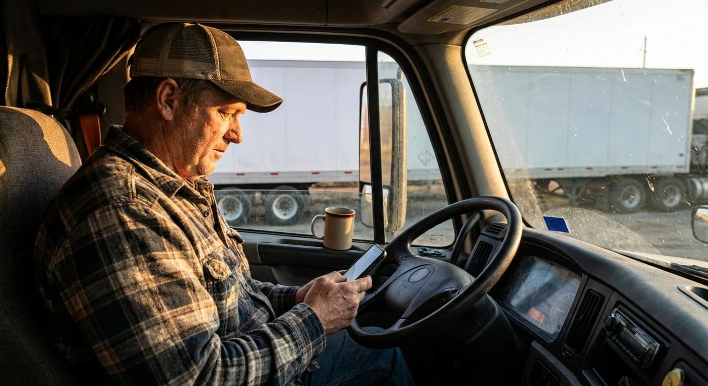 A truck driver in a tractor cab at a truck stop in early morning light, checking a phone, with a coffee mug by the window