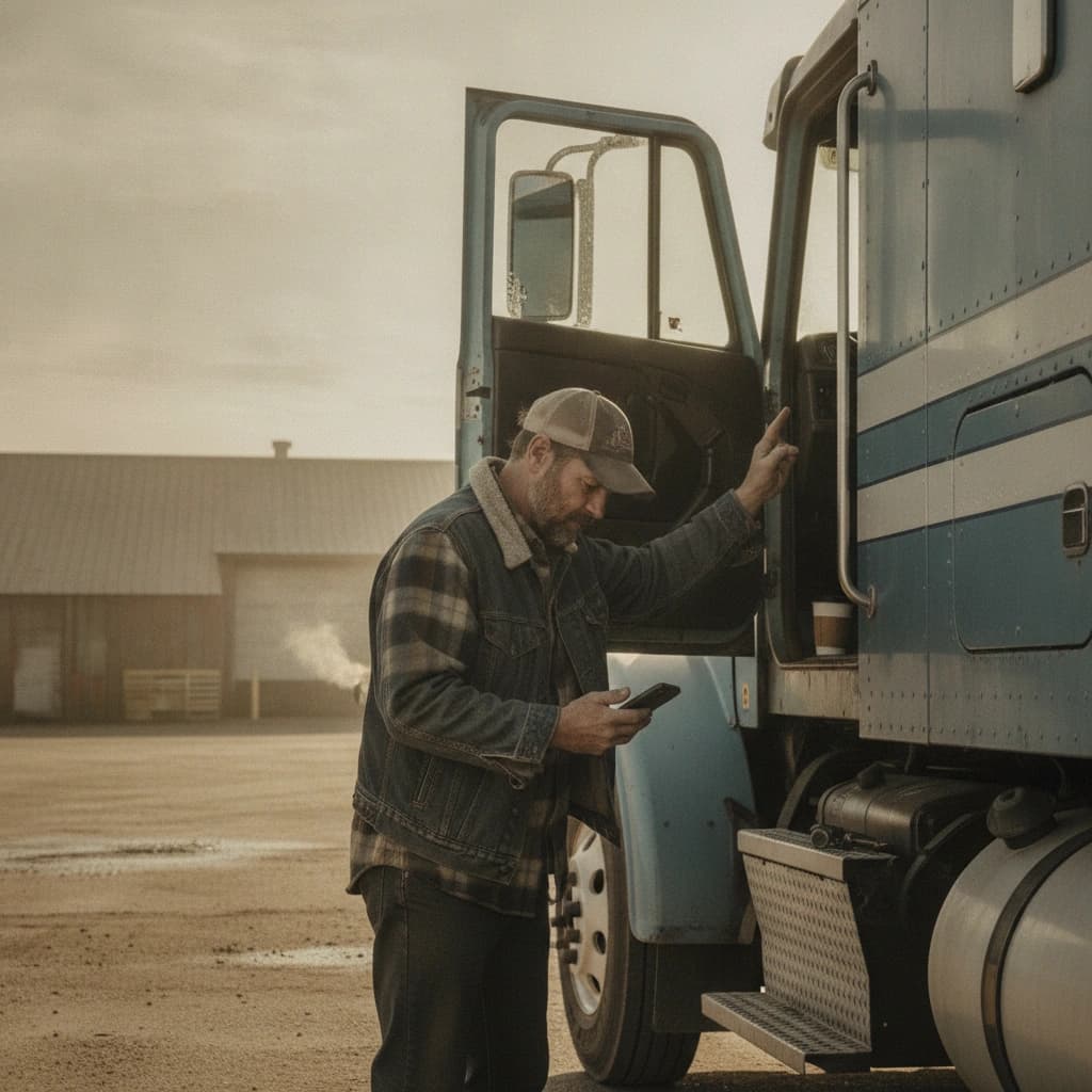 A truck driver doing a walkaround inspection of a parked semi at a depot in early morning light, holding a smartphone.