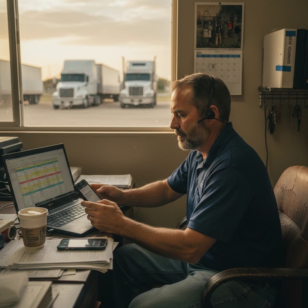 Dispatcher in a small yard office tracking loads on a laptop while drivers prep trucks outside