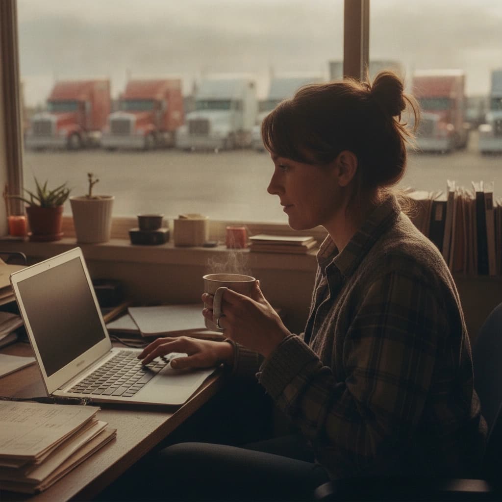 A small trucking company dispatcher at a desk in a modest office looking at a laptop, with parked trucks visible through the window in early morning light.