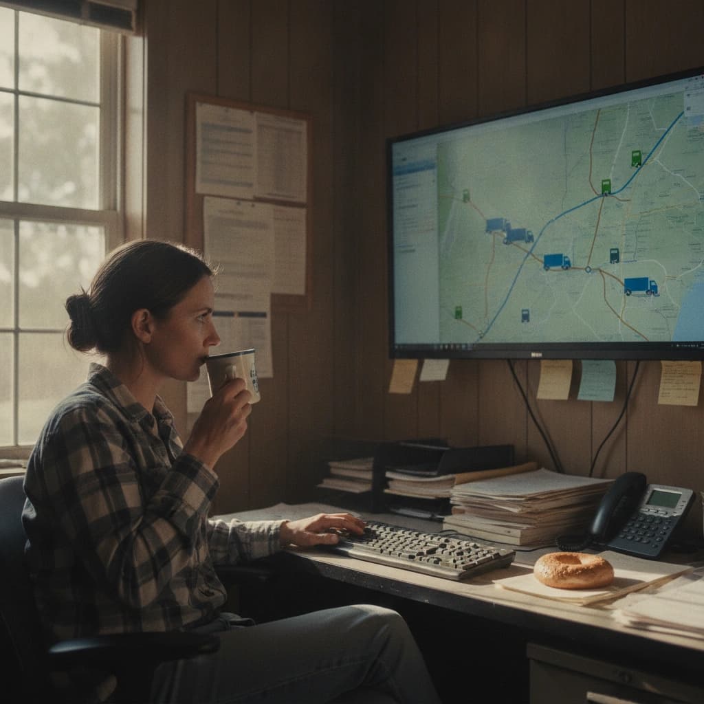 A small fleet dispatcher watching truck markers move across a regional map on a wall monitor