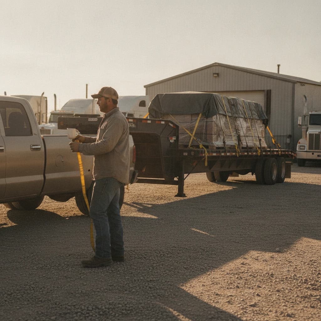 A hot shot driver doing a walk-around check on a one-ton dually hooked to a loaded gooseneck flatbed at a Texas yard