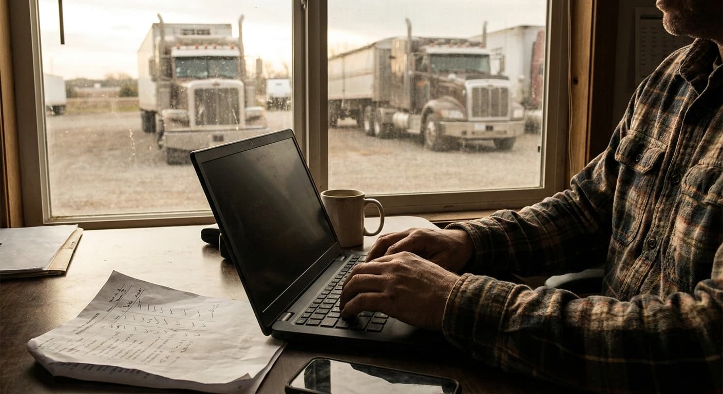 A dispatcher's hands on a laptop in a small trucking office, next to a printed customer address list with a few lines ticked off, with tractors parked outside the window.