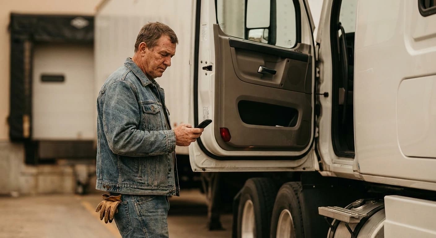 A truck driver checking his phone beside the open door of a tractor at a daylight dock