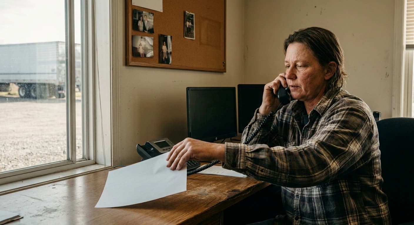 A dispatcher at a small fleet office desk sliding a printed rate confirmation across the desk while on the phone