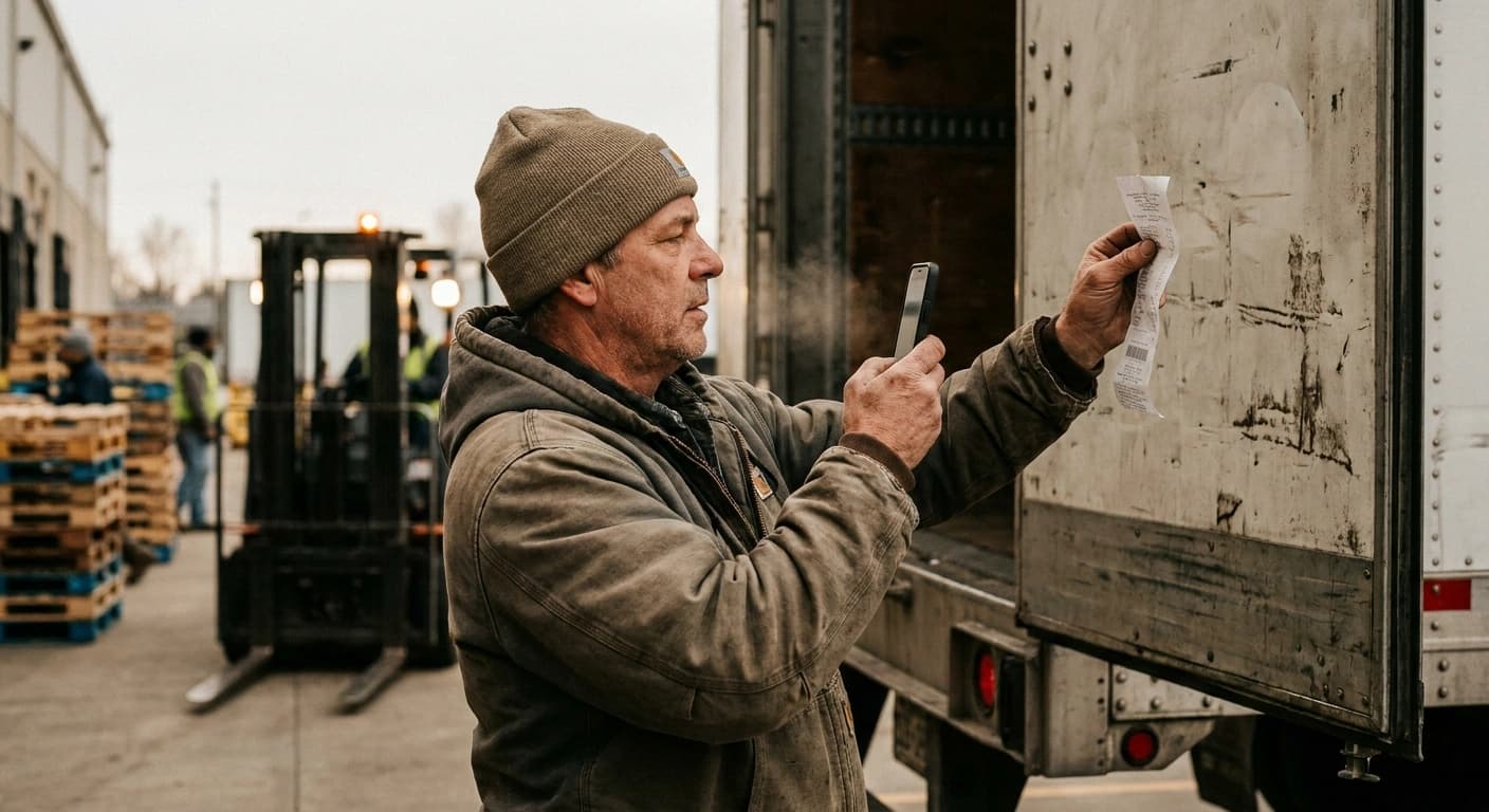 A truck driver photographing a paper receipt against a trailer door at a distribution center dock