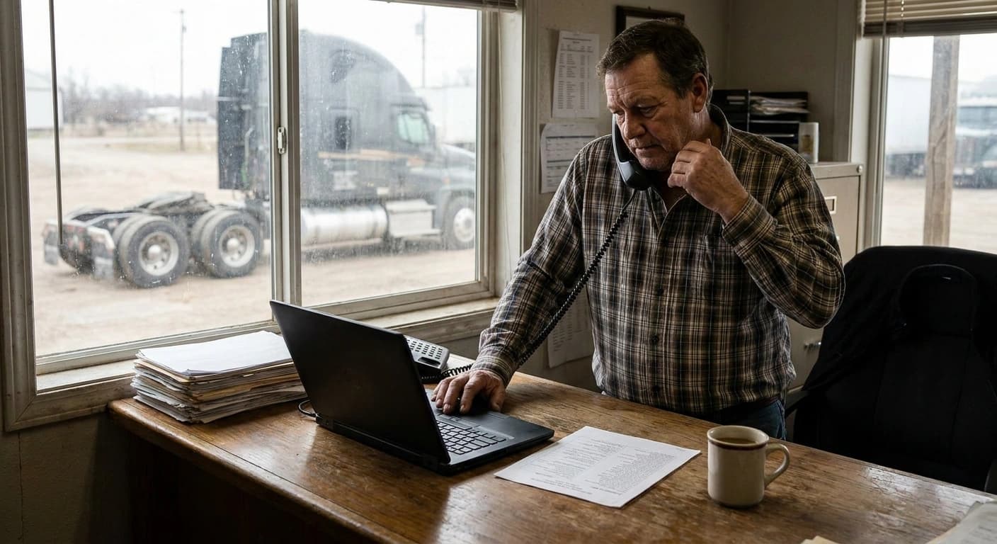 A dispatcher on the phone at a desk in a small trucking office, laptop open and a printed rate confirmation beside a coffee cup