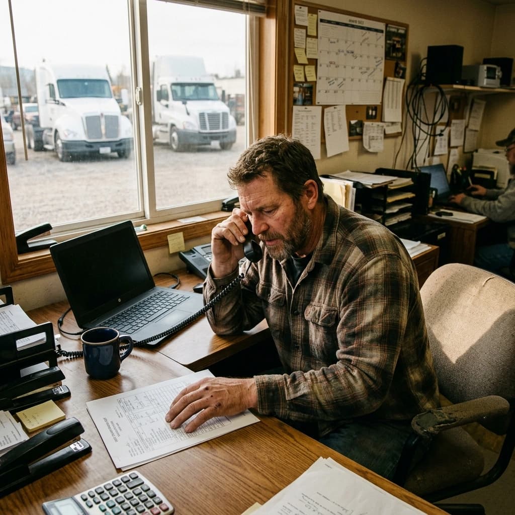 A dispatcher in a small trucking office in early morning light holding a printed rate confirmation and a phone, with two white trucks parked in the yard outside