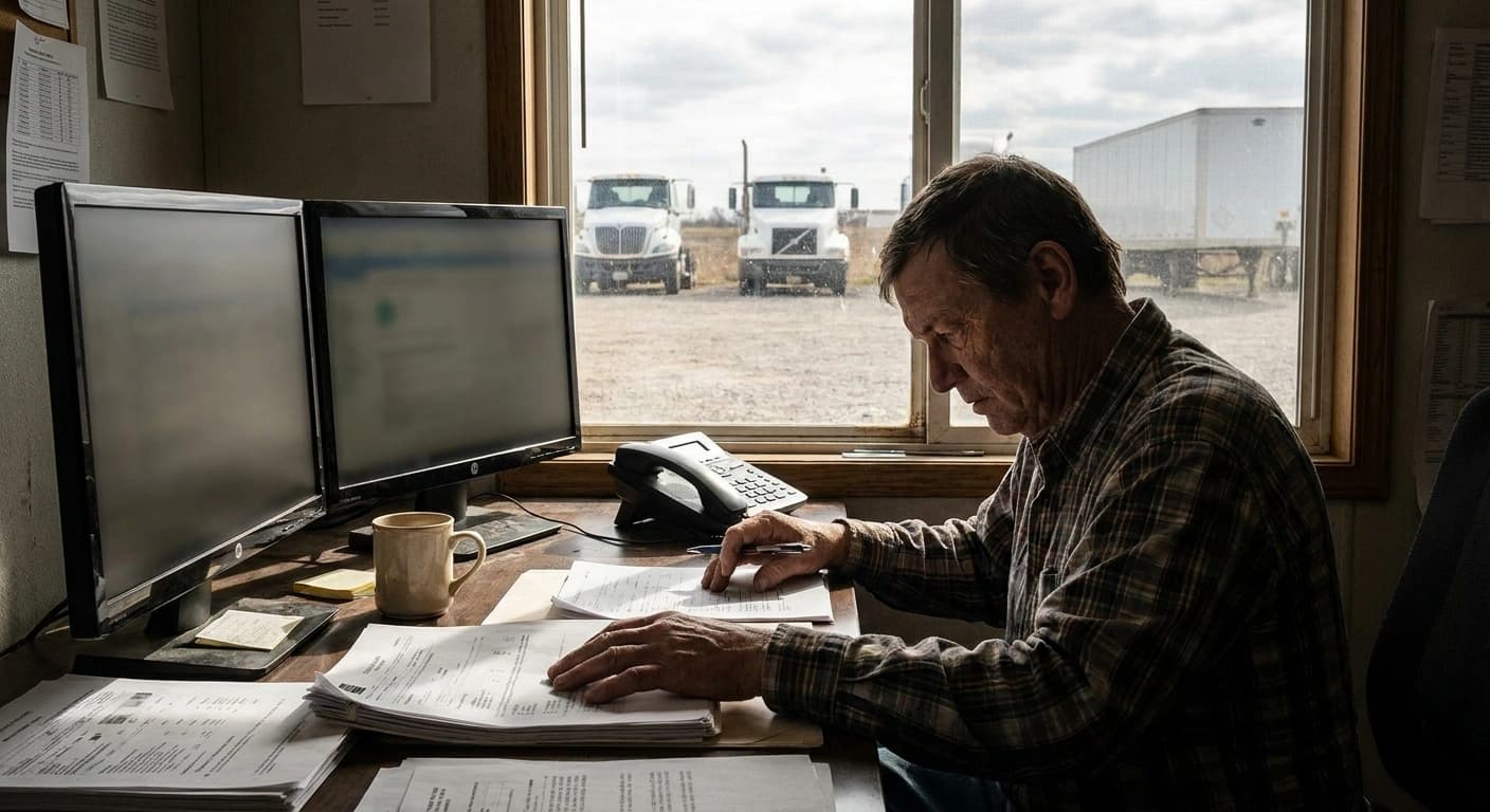A small fleet dispatcher at a desk with two monitors, a desk phone and a stack of rate confirmations, trucks parked in the yard outside