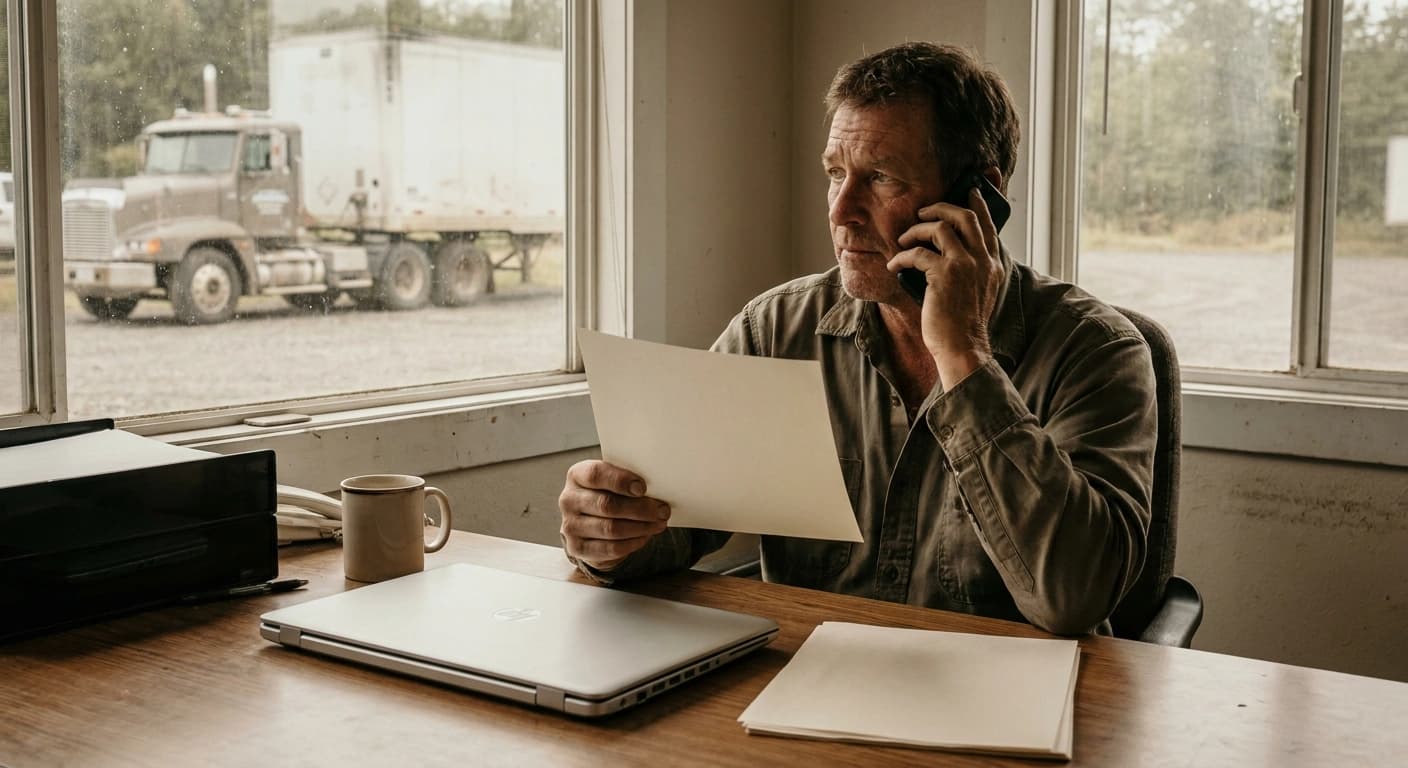 Small trucking company owner at a yard office desk holding a printed rate confirmation and a phone, with a tractor and dry van trailer outside the window.
