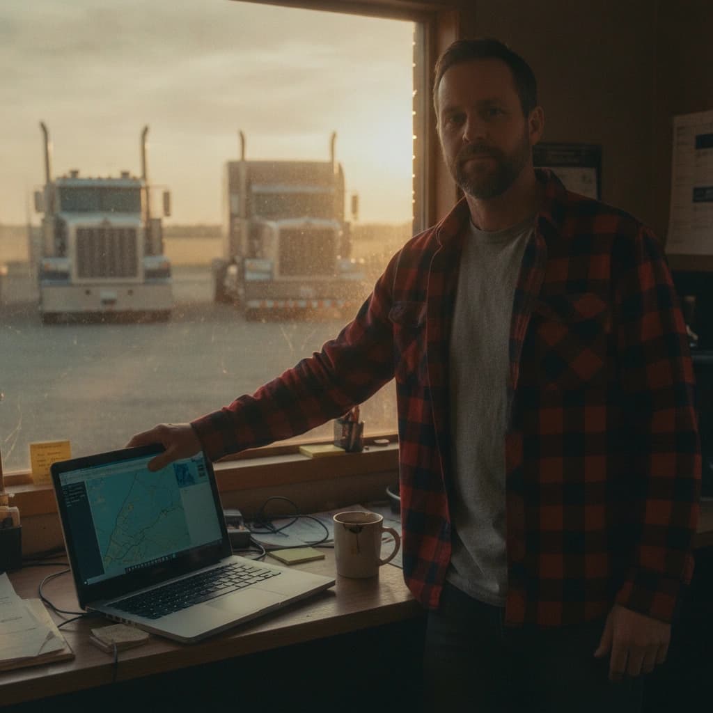 A dispatcher standing at a desk with a laptop in a small trucking office at sunrise, parked trucks visible through the window