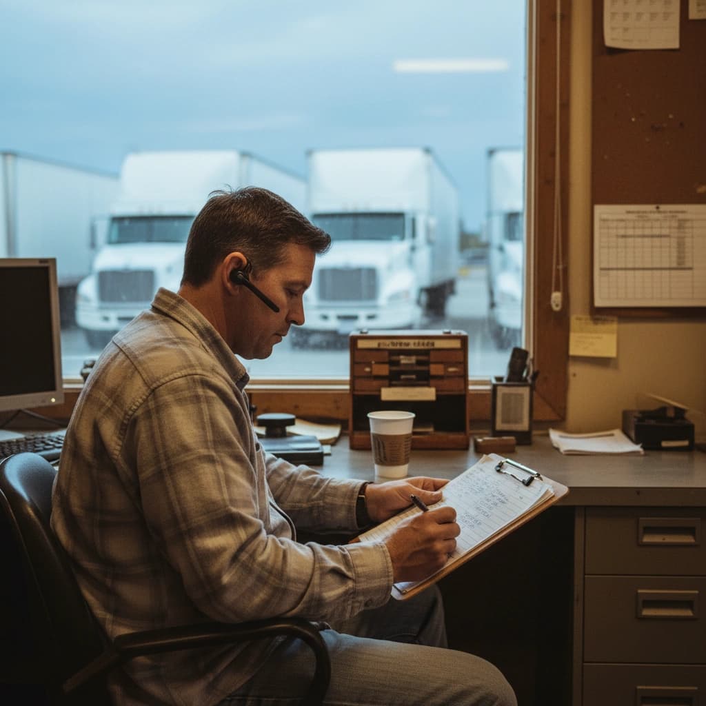 Small fleet dispatcher in a yard office reviewing a load board on a laptop while drivers prep trucks outside