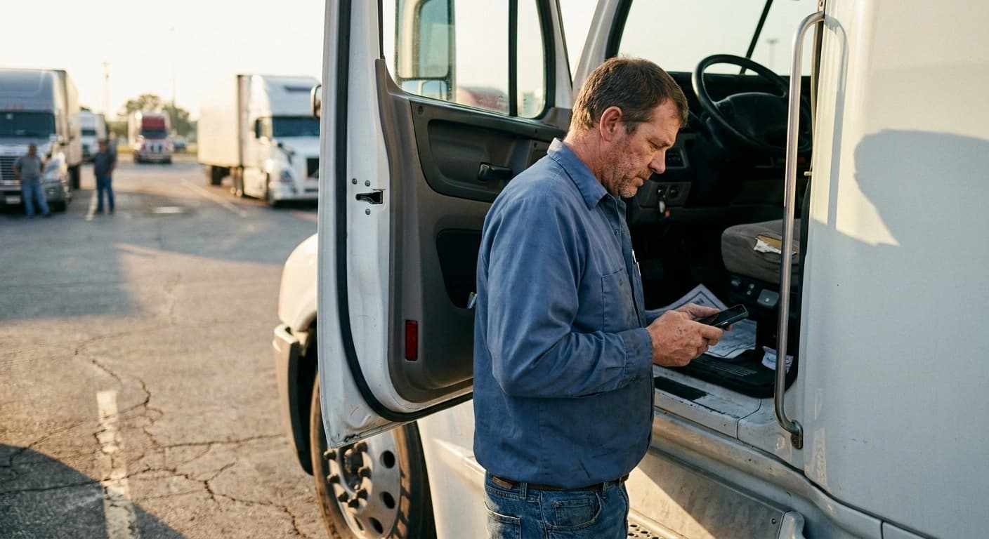 An owner-operator standing at the open door of a clean tractor in a truck stop lot in bright morning light, phone in hand