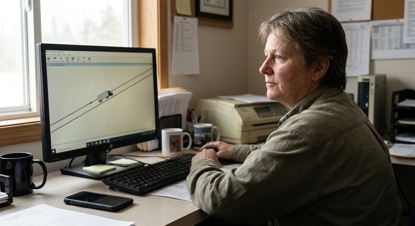 A trucking dispatcher watching a live map with a truck on a highway, phone set down on the desk