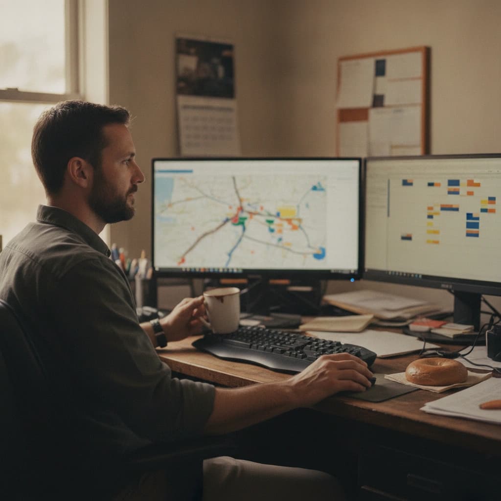 A trucking dispatcher working calmly at a two-monitor desk showing a map and a load board