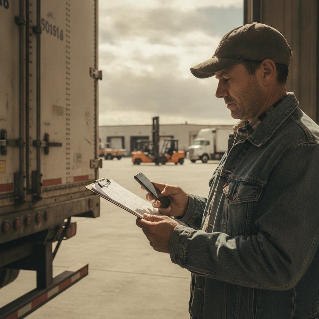 A truck driver beside a trailer at a loading dock photographing paperwork with a phone