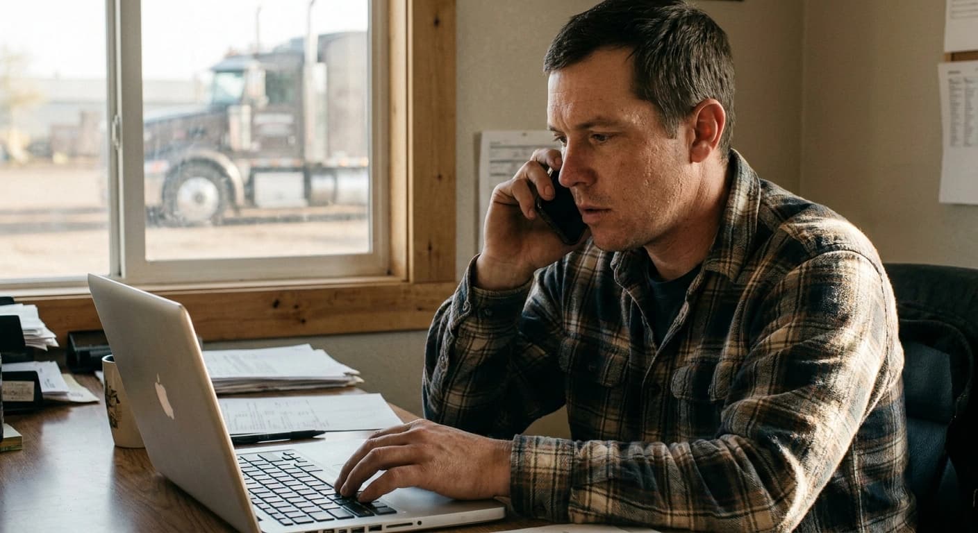 A small-fleet dispatcher working at a tidy desk with a parked semi truck visible through the window in morning light