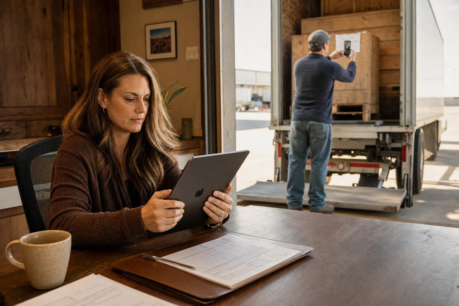 A dispatcher reviewing an AI-parsed broker rate confirmation on an iPad while a driver in the foreground photographs a BOL on his phone at a loading dock