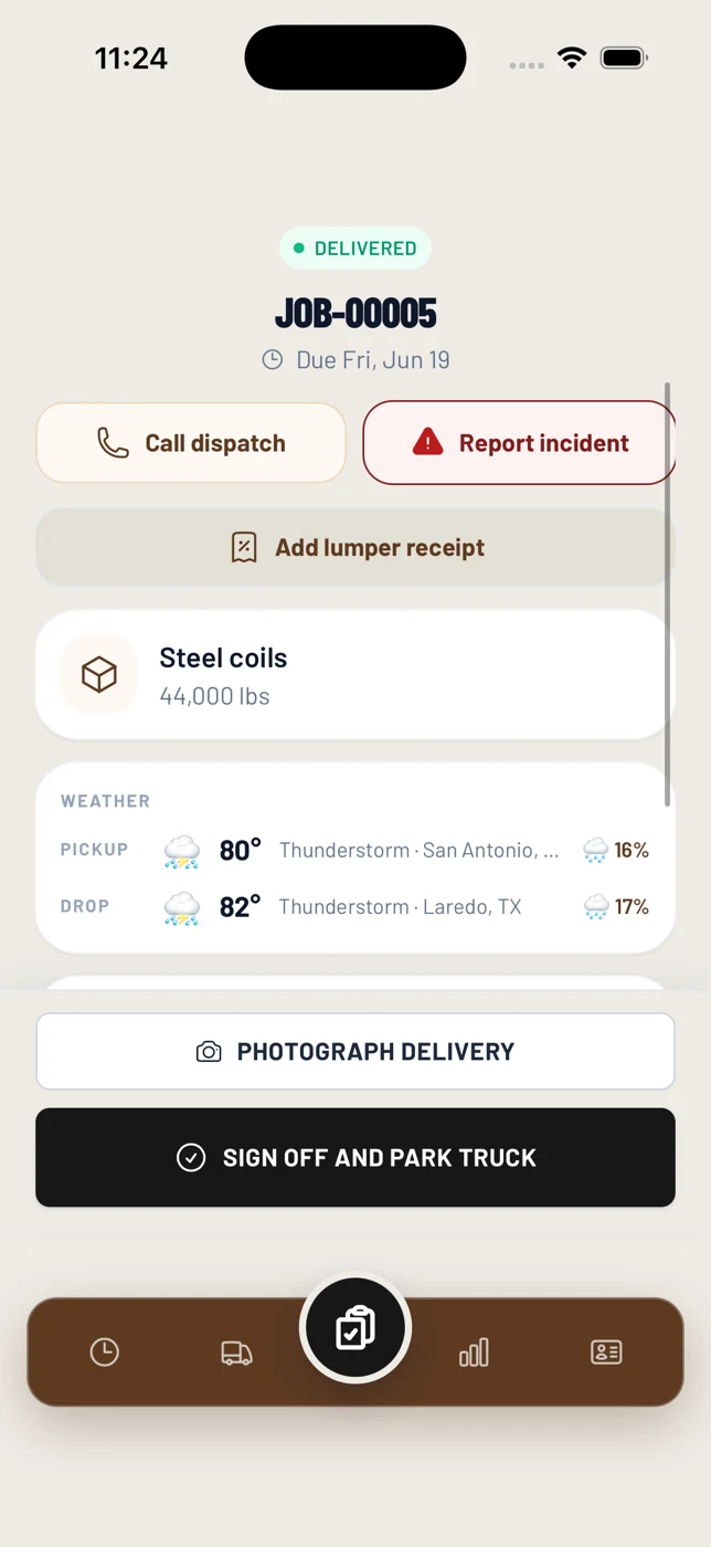 The Howdy Dispatch driver app on a delivered load, showing the delivery photo action above Sign off and park truck