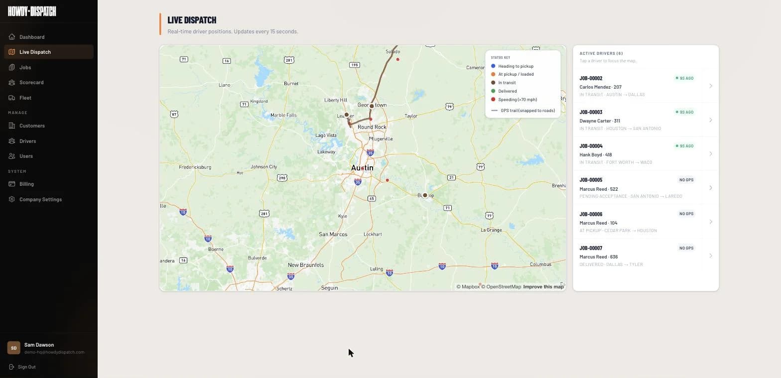 The Howdy Dispatch live map with active drivers plotted across central Texas, each load showing status and last ping