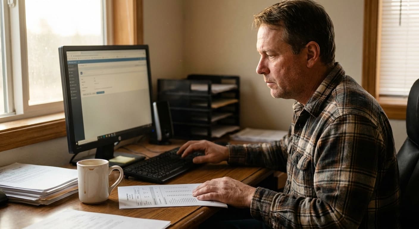 A dispatcher reviewing a pre-filled load on a desktop computer with a broker rate confirmation printout beside the keyboard in an early-morning office