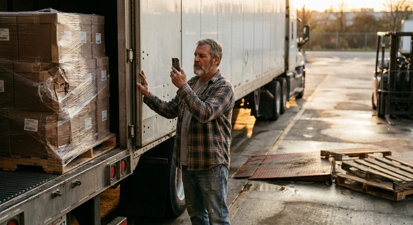 A truck driver photographing shrink-wrapped pallets on a loading dock at dusk