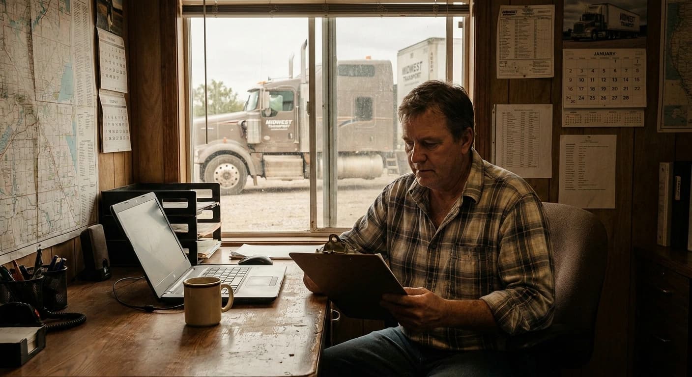 A small trucking company dispatcher working at a desk with parked trucks visible through the window