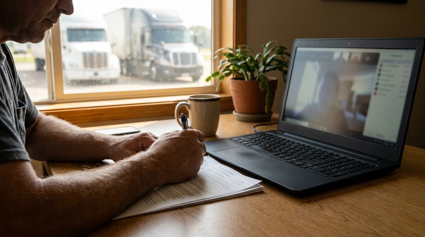 A dispatcher's hands marking a short printed list of questions with a pen beside a laptop and a printed rate confirmation, with trucks parked in the yard outside the window.