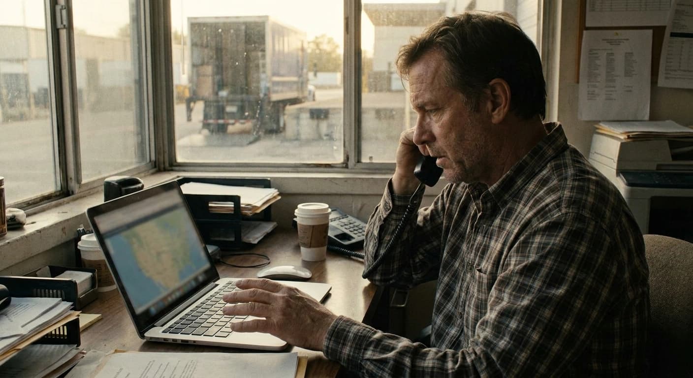A small-fleet dispatcher at a desk with a laptop map and a truck at a loading dock through the window