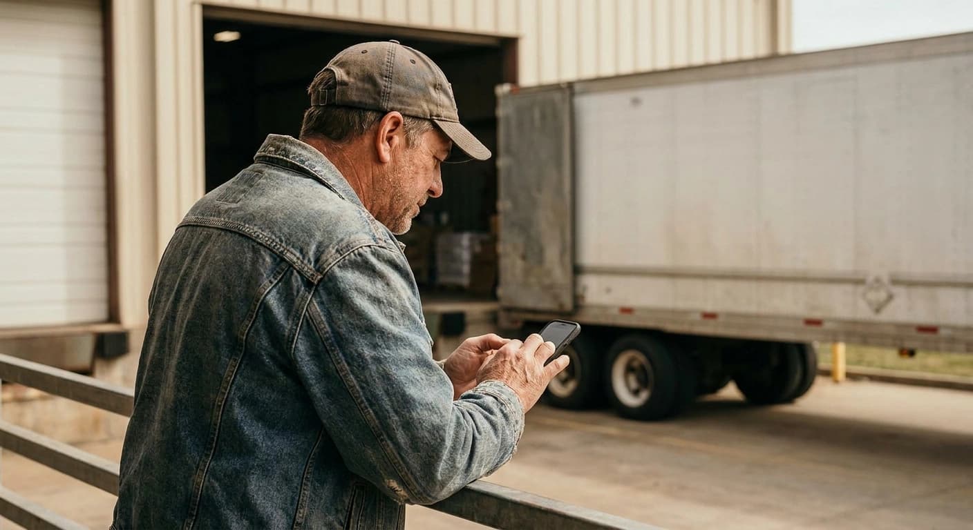 A truck driver at a loading dock tapping a smartphone, trailer and warehouse door behind him
