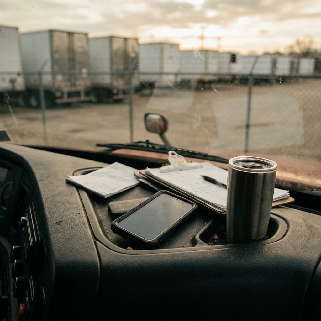 A driver's phone face-up on the dash of a parked tractor at a shipper yard in early morning light
